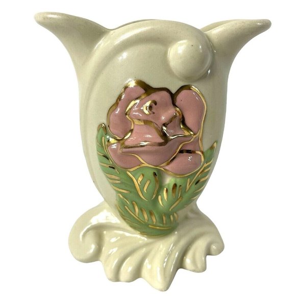 Hull Art Ivory Vase Ceramic Pink Rose Green Leaf Gold Trim 5 1/2 Inch Vintage - Picture 1 of 12